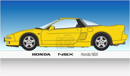 Illustration pour Japon, année 1990, silhouette de voiture de sport Honda NSX dessinée sur le fond bleu ciel, voiture classique vintage, illustration colorée - image libre de droit