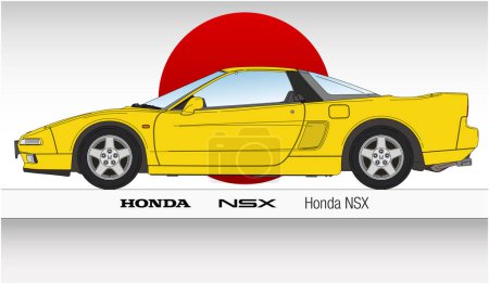 Illustration pour Japon, année 1990, silhouette de voiture de sport Honda NSX dessinée avec le drapeau national sur le fond, voiture classique vintage, illustration en couleur - image libre de droit