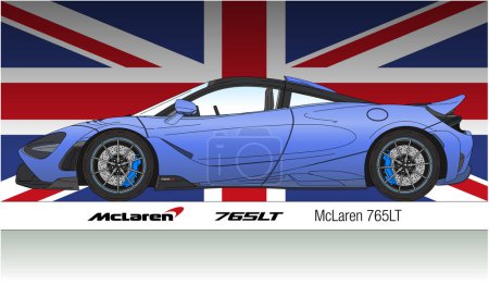 Illustration for United Kingdom, year 2020, McLaren 765LT supercar coupe, outlined on the british flag, coloured vector illustration - Royalty Free Image