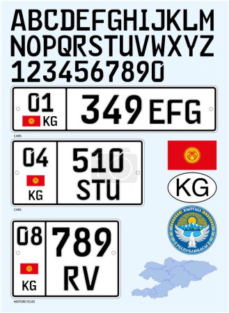 Ilustración de Kirguistán matrícula de coche, letras, números y símbolos, ilustración vectorial, país asiático - Imagen libre de derechos