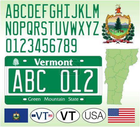 Ilustración de Patrón de matrícula de coche Vermont, letras, números y símbolos, ilustración vectorial, EE.UU. - Imagen libre de derechos