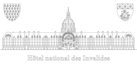 Illustration for Hotel des invalides, vector drawing, silhouette, tourist place in Paris, France, black line vector illustration on white background - Royalty Free Image