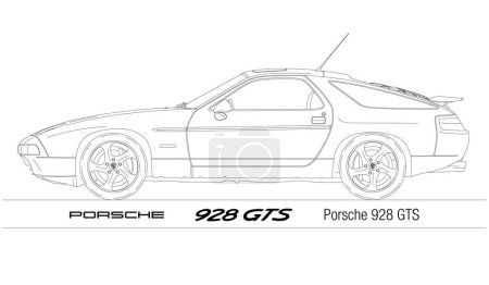 Illustration for Germany, year 1992, Porsche 928 GTS model vintage classic car, vector illustration outlined on the white background - Royalty Free Image