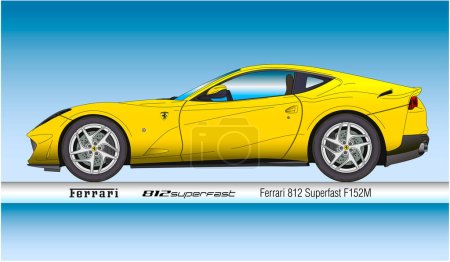 Ilustración de Maranello, Italia, año 2017, Ferrari 812 Superfast modelo deportivo, silueta de color amarillo, ilustración vectorial en el cielo azul - Imagen libre de derechos