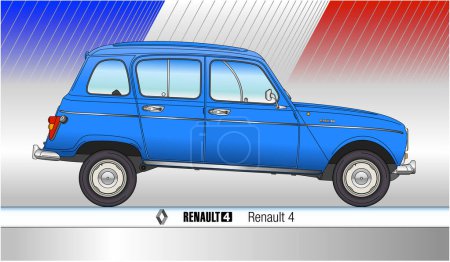 Illustration pour France, année 1961, Renault 4 vintage classique, silhouette, illustration vectorielle sur le drapeau français - image libre de droit