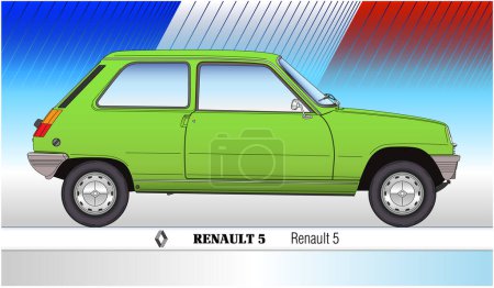 Ilustración de Francia, año 1972, Renault 5 coche de época, silueta de colores, ilustración vectorial en el fondo de la bandera francesa - Imagen libre de derechos