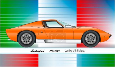 Illustration for Italy, year 1966, Lamborghini Miura vintage super car,  coloured outline design, vector illustration with italian flag - Royalty Free Image