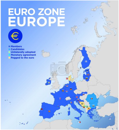 Téléchargez les illustrations : Monnaie de la zone euro, année 2024, illustration vectorielle, carte de la monnaie européenne de la zone euro avec drapeaux, frontières et territoires - en licence libre de droit