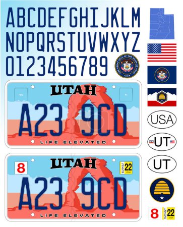 Téléchargez les illustrations : Utah state car license plate pattern with arch, letters, numbers and symbols, vector illustration, USA, United States of America - en licence libre de droit