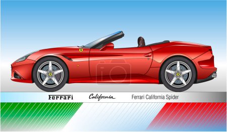 Ilustración de Maranello, Italia, año 2008, Ferrari California Spider, coche deportivo clásico y vintage, silueta ilustración vector de color con bandera italiana - Imagen libre de derechos