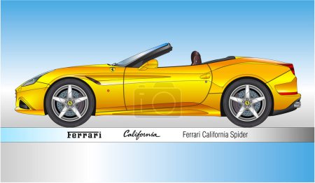 Illustration for Maranello, Italy, year 2008, Ferrari California Spider, classic and vintage sport car, silhouette yellow colured vector illustration - Royalty Free Image