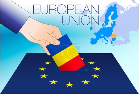 Illustration for European Union, voting box, European parliament elections, Romania flag and map, vector illustration - Royalty Free Image