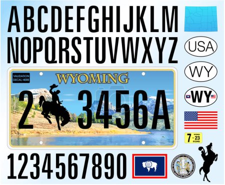 Téléchargez les illustrations : Plaque d'immatriculation du Wyoming, lettres, chiffres et symboles, illustration vectorielle, États-Unis - en licence libre de droit