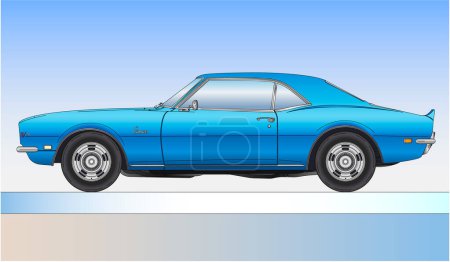 Ilustración de Estados Unidos Estados Unidos, año 1966, Chevrolet Camaro Z28 coche de época, silueta de color sobre el fondo azul, ilustración vectorial - Imagen libre de derechos