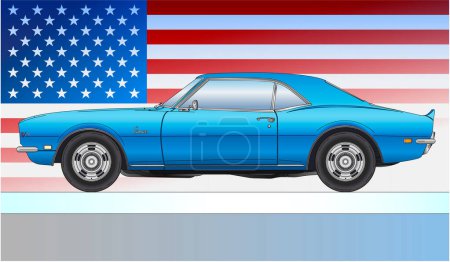 Ilustración de Estados Unidos Estados Unidos, año 1966, Chevrolet Camaro Z28 coche de época, silueta de color en el fondo de la bandera, ilustración vectorial - Imagen libre de derechos