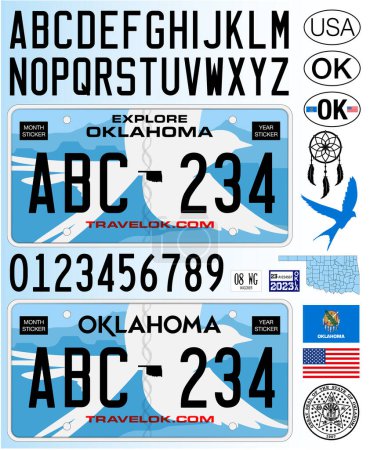 Téléchargez les illustrations : Oklahoma plaque d'immatriculation de voiture de style bleu, lettres, chiffres et symboles, illustration vectorielle, États-Unis - en licence libre de droit