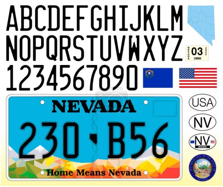 Téléchargez les illustrations : Modèle de plaque d'immatriculation de voiture Nevada, lettres, chiffres et symboles, illustration vectorielle, États-Unis - en licence libre de droit