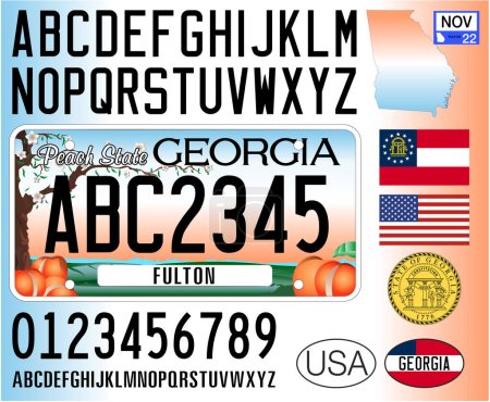 Téléchargez les illustrations : Géorgie États-Unis modèle de plaque d'immatriculation de voiture d'État, lettres, chiffres et symboles, illustration vectorielle, États-Unis - en licence libre de droit