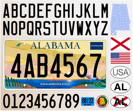 Téléchargez les illustrations : Modèle de plaque d'immatriculation de voiture Alabama, lettres, chiffres et symboles, illustration vectorielle, États-Unis - en licence libre de droit
