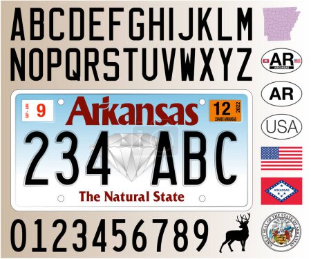 Téléchargez les illustrations : Arkansas modèle de plaque d'immatriculation de voiture, lettres, chiffres et symboles, illustration vectorielle, États-Unis - en licence libre de droit