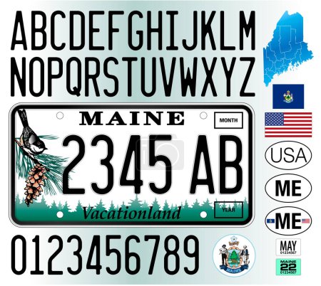 Téléchargez les illustrations : Maine car license plate pattern, letters, numbers and symbols, vector illustration, United States - en licence libre de droit