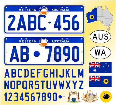 Téléchargez les illustrations : Australie Occidentale modèle de plaque d'immatriculation de voiture, lettres, chiffres et symboles, illustration vectorielle, Australie - en licence libre de droit