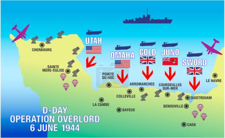 D-Day 6 June 1944, Operation Overlord, Normandy landings of World War II, landing beaches map with symbols and flags, vector illustration