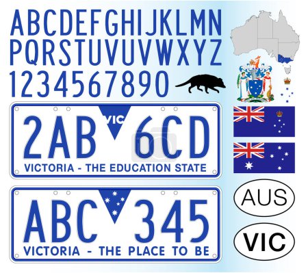 Téléchargez les illustrations : Victoria State modèle de plaque d'immatriculation australienne, lettres, chiffres et symboles, illustration vectorielle, Australie - en licence libre de droit