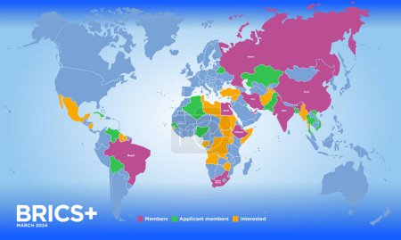 Ilustración de Mapa de los países BRICS en marzo de 2024 con nuevos miembros, organización económica internacional, ilustración vectorial - Imagen libre de derechos