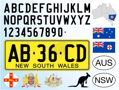 Téléchargez les illustrations : Nouvelle-Galles du Sud modèle de plaque d'immatriculation de voiture, lettres, chiffres et symboles, illustration vectorielle, Australie - en licence libre de droit