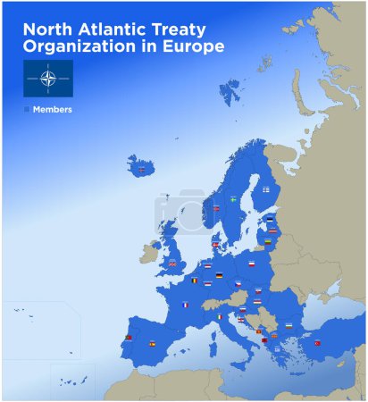Illustration for North Atlantic Treaty Organization in Europe map with the territorial division of the states, names and flags of the nations, vector illustration, march 2024 - Royalty Free Image