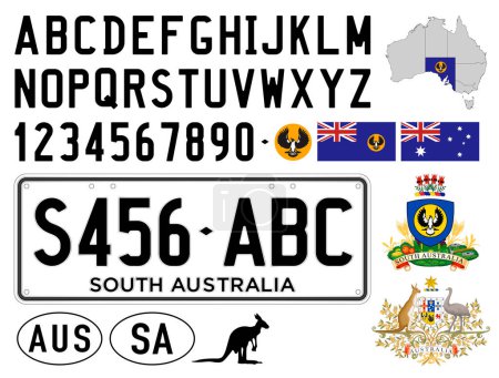 Téléchargez les illustrations : Australie du Sud modèle de plaque d'immatriculation de voiture, lettres, chiffres et symboles, illustration vectorielle, Australie - en licence libre de droit