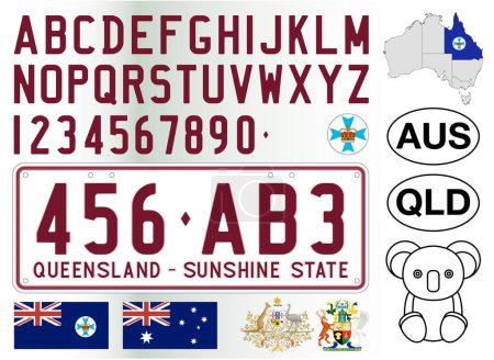 Téléchargez les illustrations : Queensland modèle de plaque d'immatriculation de voiture, lettres, chiffres et symboles, illustration vectorielle, Australie - en licence libre de droit
