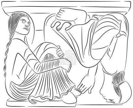 Illustration for Detail of a Romanesque sculpture present in the Modena cathedral, metope called "gli antipodi", vector illustration - Royalty Free Image