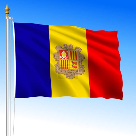 Andorra bandera nacional oficial ondeando, país europeo, ilustración vectorial