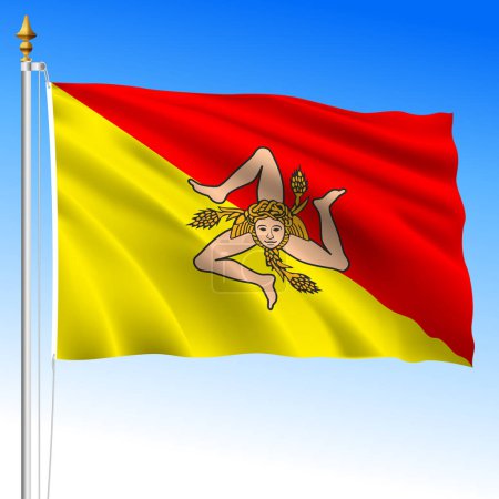 Sicilia, Sicilia, ondeando la bandera de la región, Región de Sicilia, Italia, vector de ilustración 