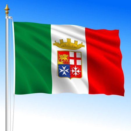 Italy, Italian Navy waving flag with coat of arms, vector illustration