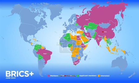 Mapa de los países BRICS en junio de 2024 con nuevos miembros, organización económica internacional, ilustración vectorial