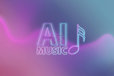 Music created by artificial intelligence. Neon letters and notes on an abstract background. AI music concept.