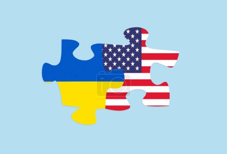 Flagge der USA und der Ukraine auf kombinierten Puzzles. US-Hilfe für die Ukraine
