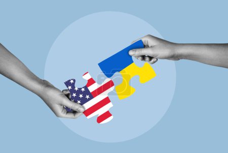 Foto de Bandera de EE.UU. y Ucrania en rompecabezas. Relaciones entre Ucrania y los Estados Unidos. Asistencia financiera. collage de arte. - Imagen libre de derechos