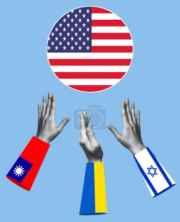 Concept of US aid. Financial assistance to Ukraine, Israel and Taiwan. Art collage.