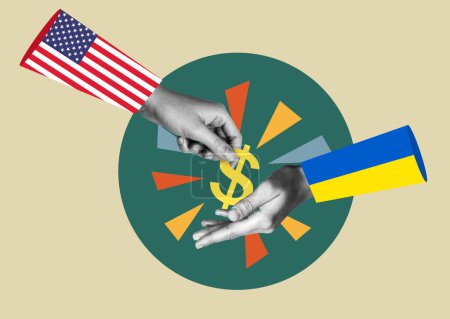 Foto de Ayuda estadounidense a Ucrania. La bandera de los Estados Unidos y Ucrania. Ayuda financiera. collage de arte. - Imagen libre de derechos