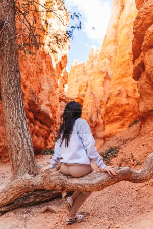 Hiker woman in Bryce Canyon hiking relaxing looking at amazing view during hike on summer travel in Bryce Canyon National Park, Utah, United States