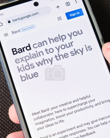 Photo for Google Bard AI chat bot homepage on phone screen. Bard is a conversational generative artificial intelligence chatbot built using large language models. Vienna, Austria - May 16, 2023. - Royalty Free Image