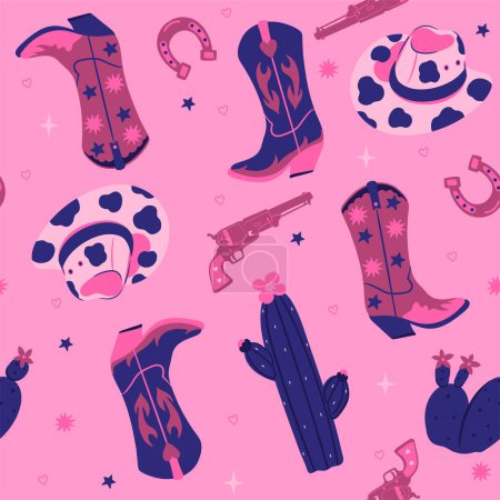 Seamless pattern with cowboy boots, hats, cacti, pistols. Vector image.