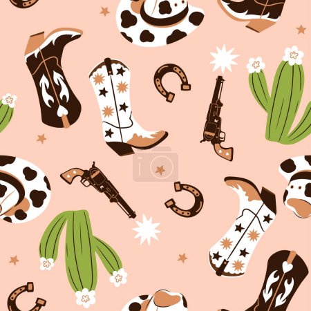 Cowboy seamless pattern with boots, hats, revolvers, horseshoes and cacti. Vector image.