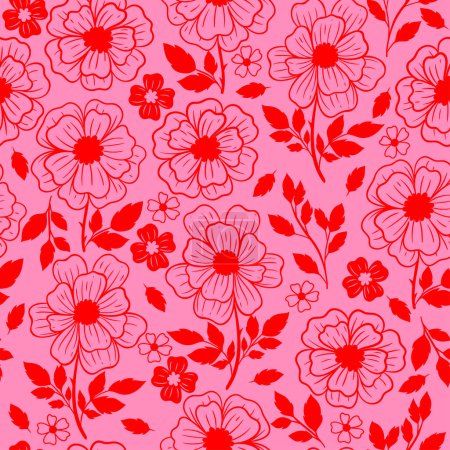 Téléchargez les illustrations : Seamless pattern with flowers in pink and red colors. Vector image - en licence libre de droit