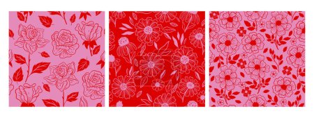 Set of seamless patterns with flowers in pink and red colors.Vector image.