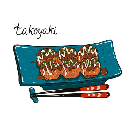 Placa con takoyaki y palillos aislados sobre fondo blanco. Imagen vectorial.